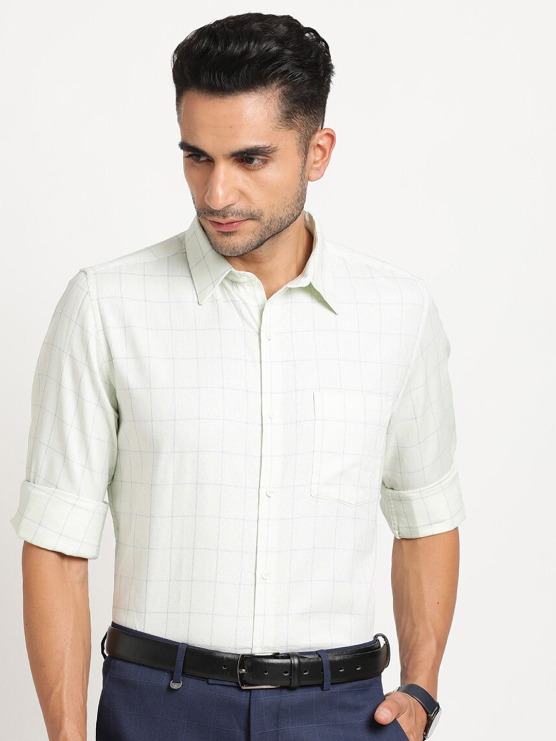 

Turtle Standard Windowpane Checked Pure Cotton Formal Shirt, Green