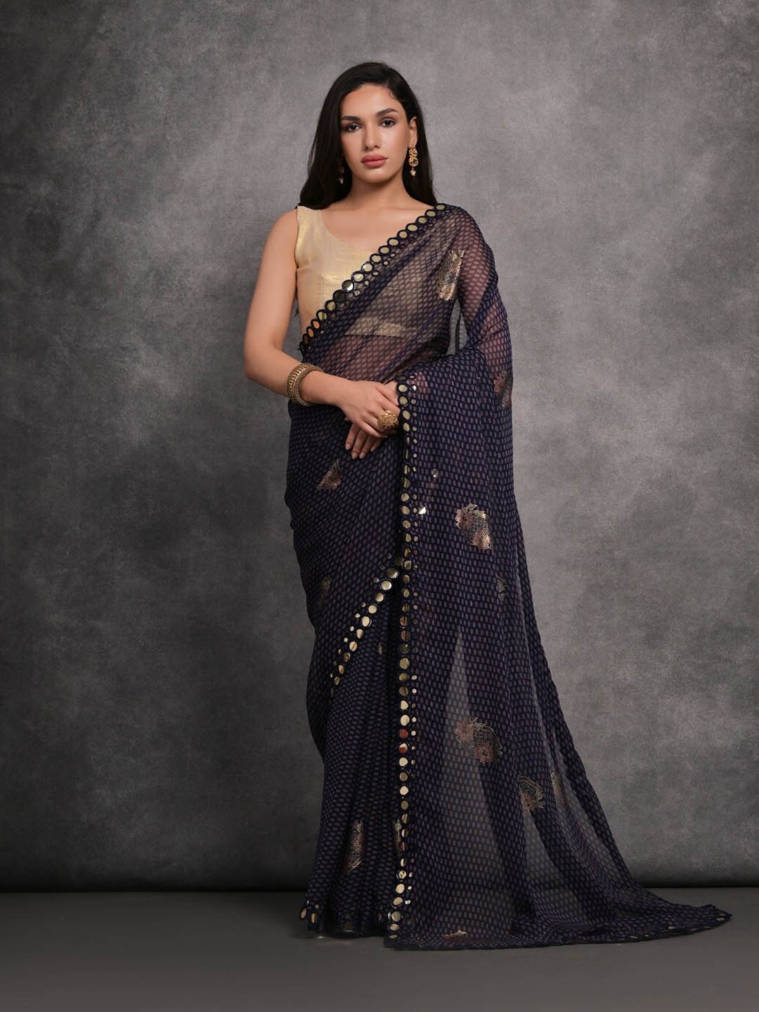 

Mitera Mirror Work Pure Georgette Saree, Blue