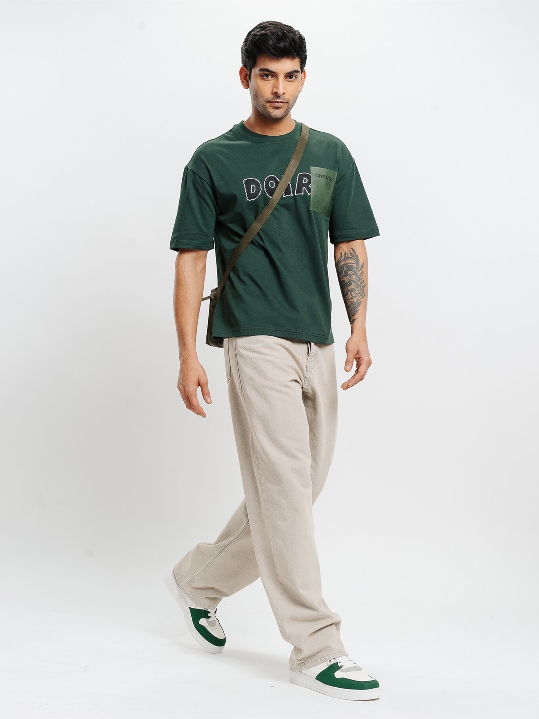 

FREAKINS Green Typography Printed Drop-Shoulder Sleeves Pure Cotton T-shirt
