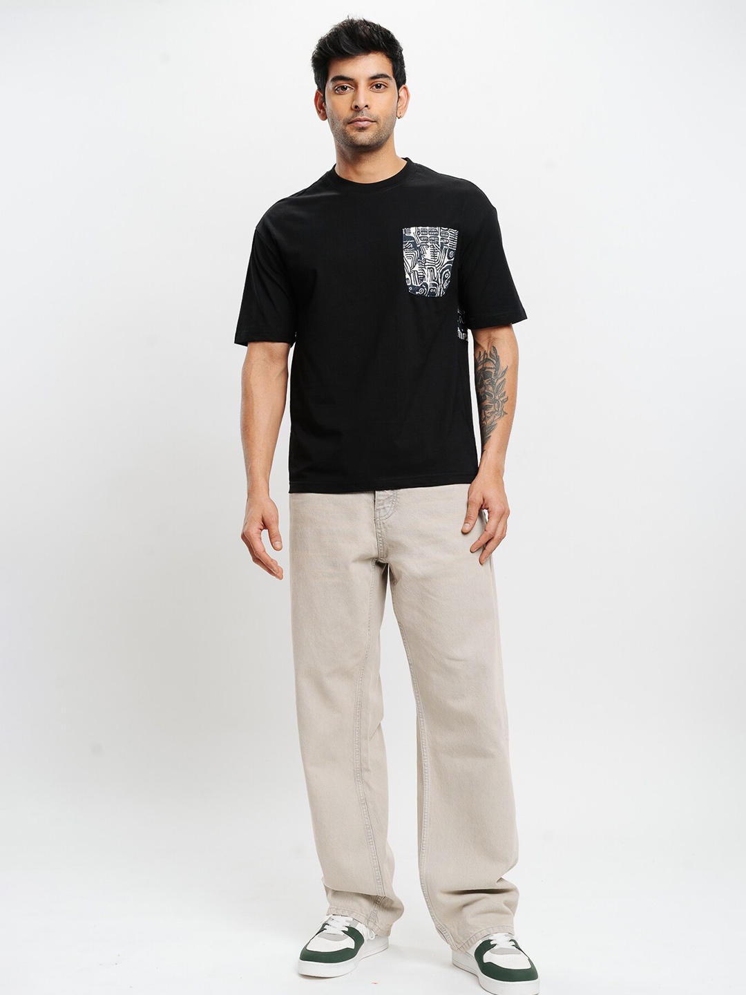 

FREAKINS Black Typography Printed Drop-Shoulder Sleeves Pure Cotton T-shirt