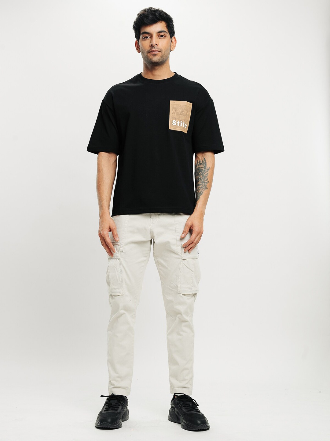 

FREAKINS Black Typography Printed Drop-Shoulder Sleeves Pure Cotton T-shirt