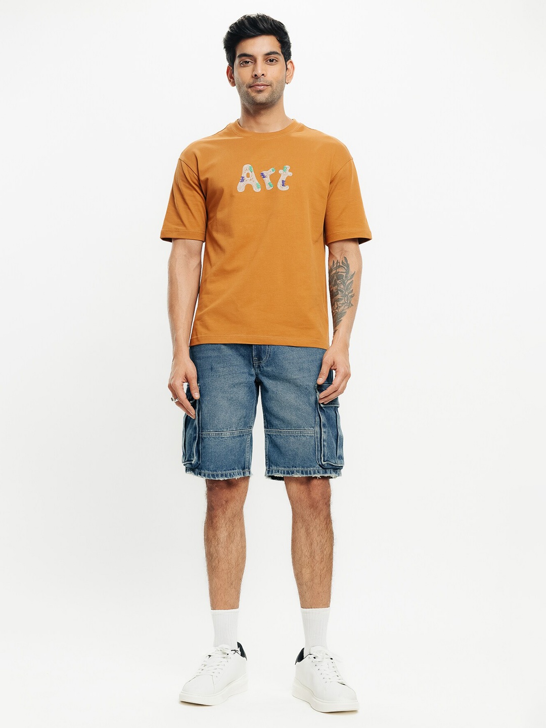 

FREAKINS Brown Typography Embroidered Drop-Shoulder Sleeves Pure Cotton T-shirt