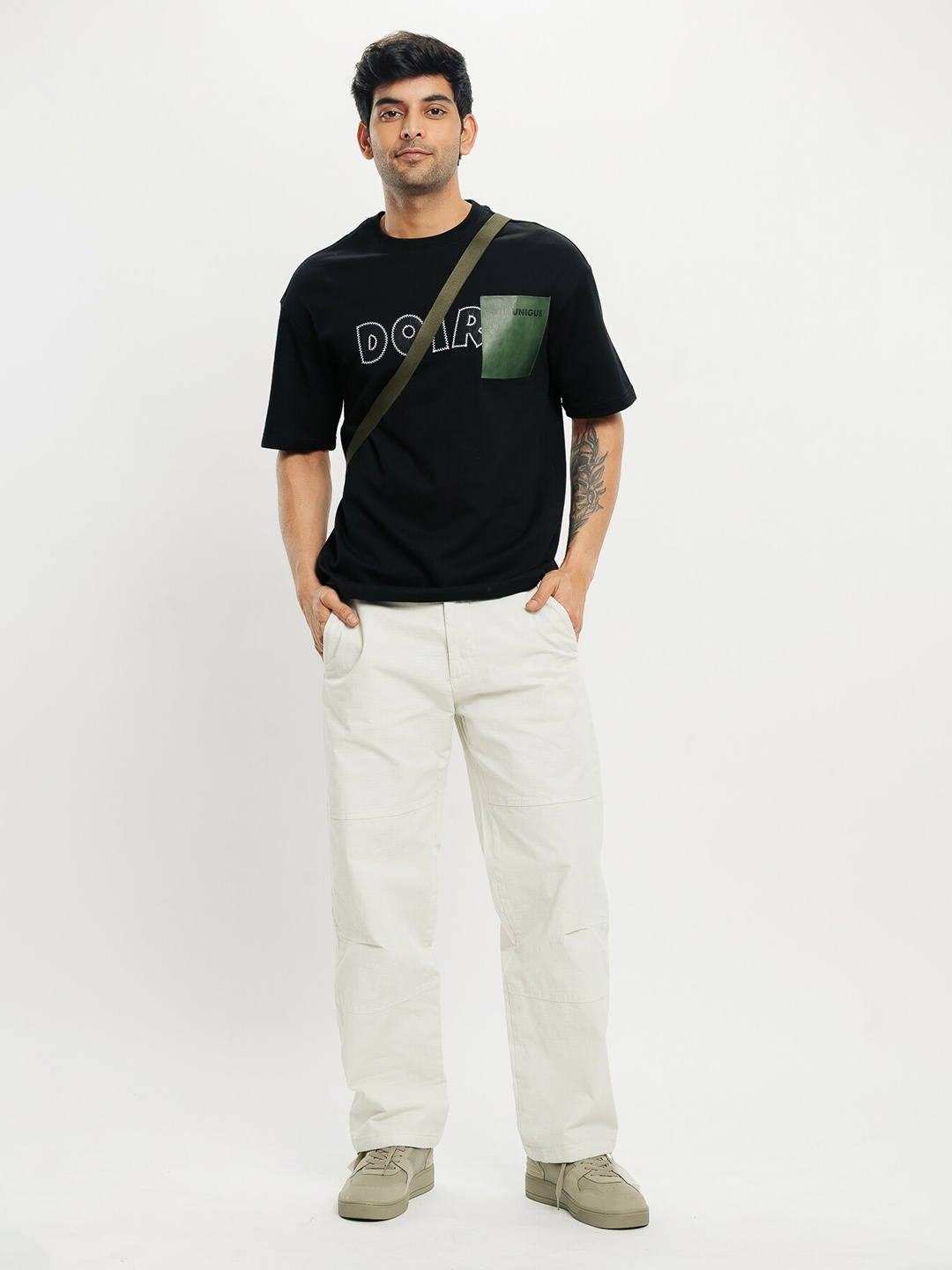 

FREAKINS Black Typography Printed Drop-Shoulder Sleeves Pure Cotton T-shirt
