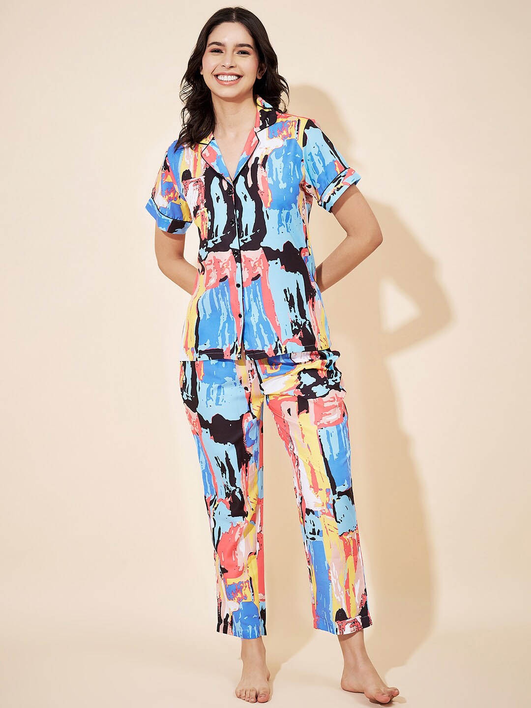 

Fbella Abstract Printed Lapel Collar Shirt With Pyjamas, Blue