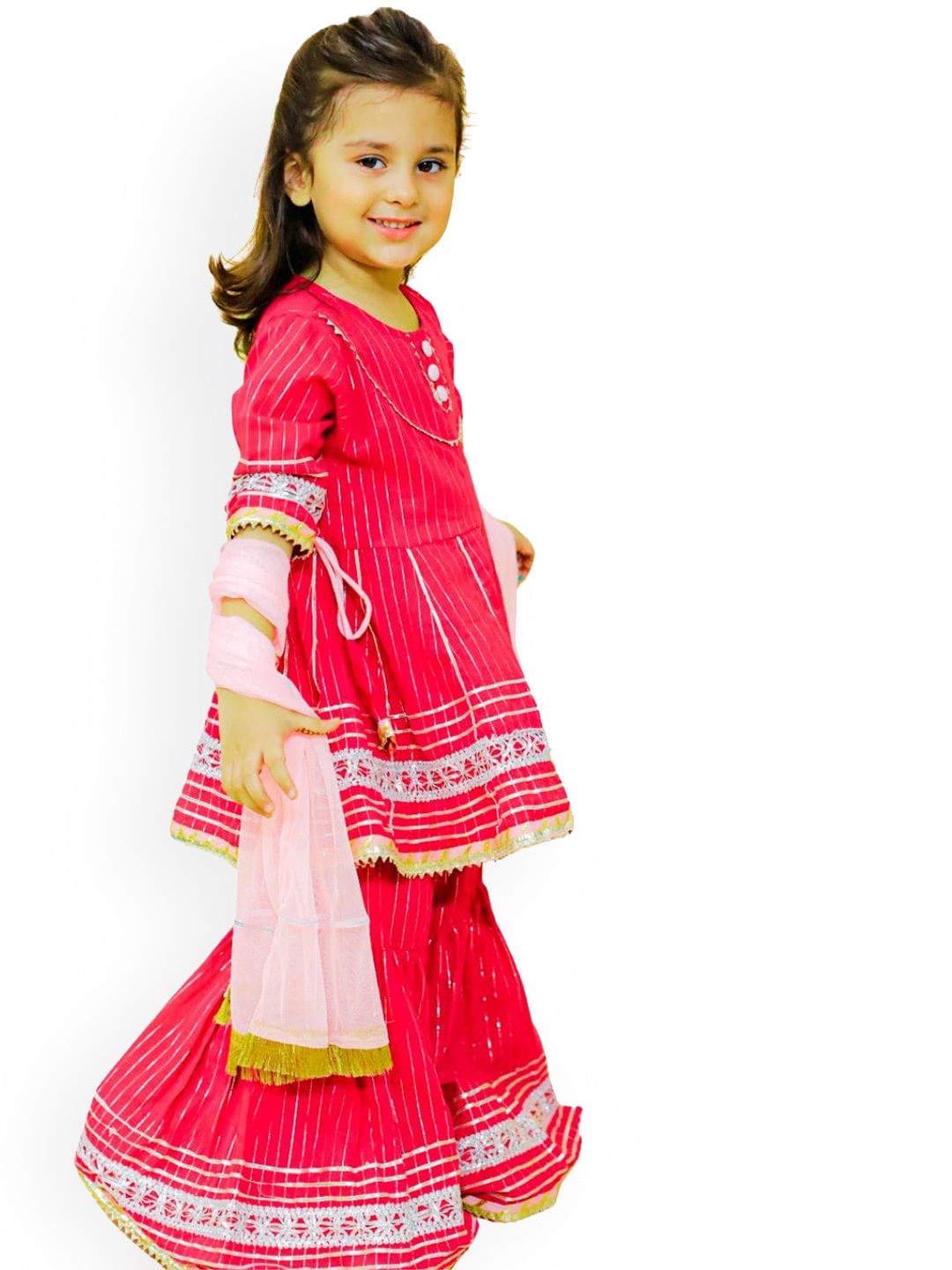 

BAESD Girls Striped Pure Cotton A-Line Kurti With Sharara & Dupatta, Red
