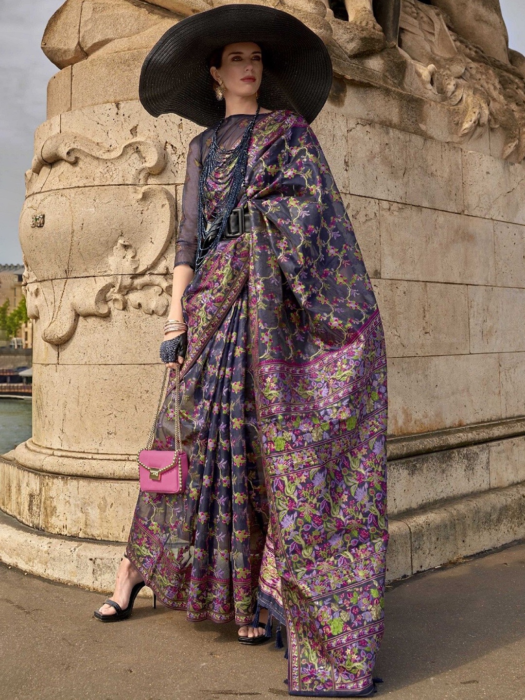 

Mitera Navy Blue & Pink Floral Woven Design Organza Banarasi Saree