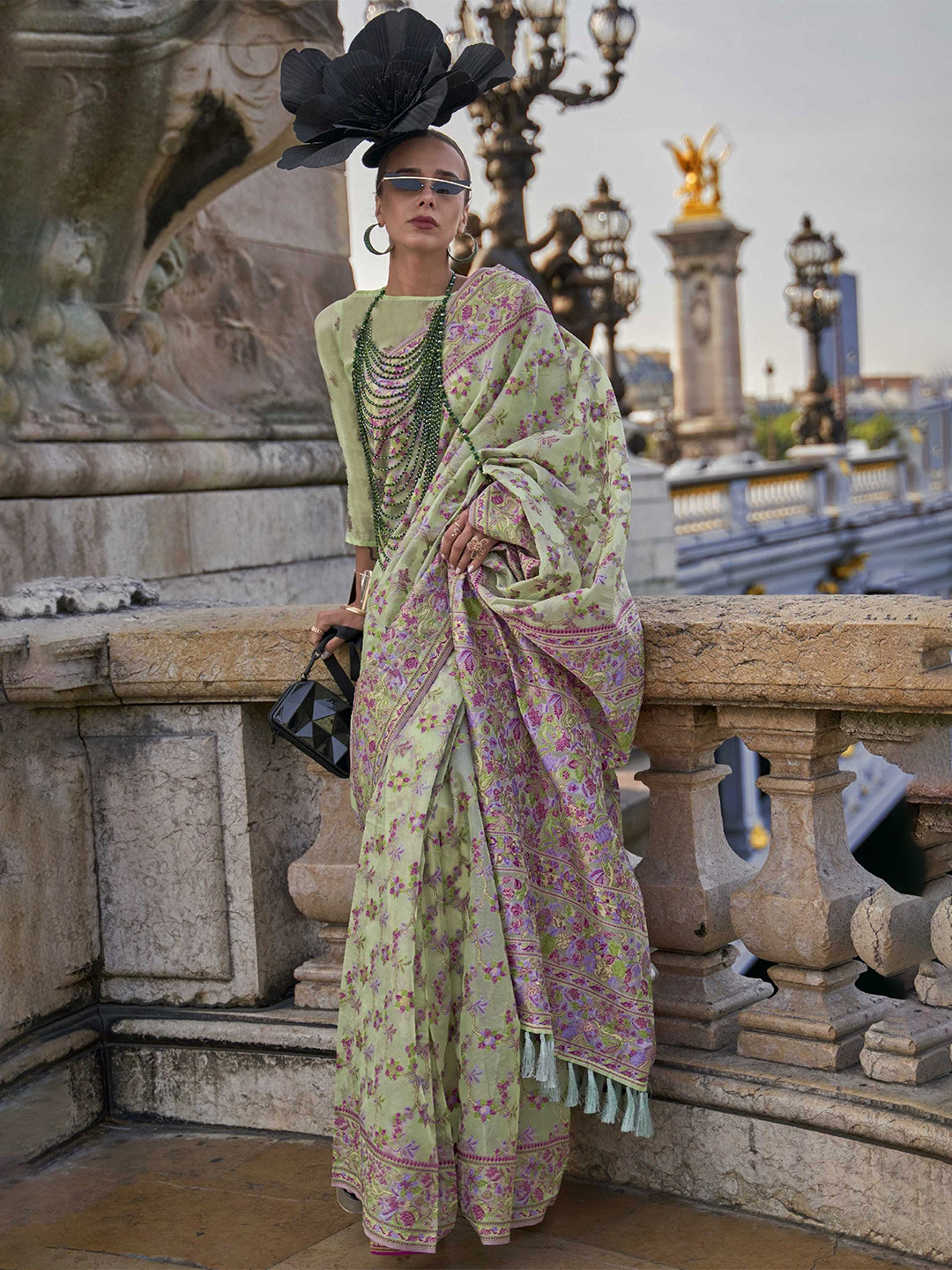

Mitera Green & Purple Floral Woven Design Organza Banarasi Saree