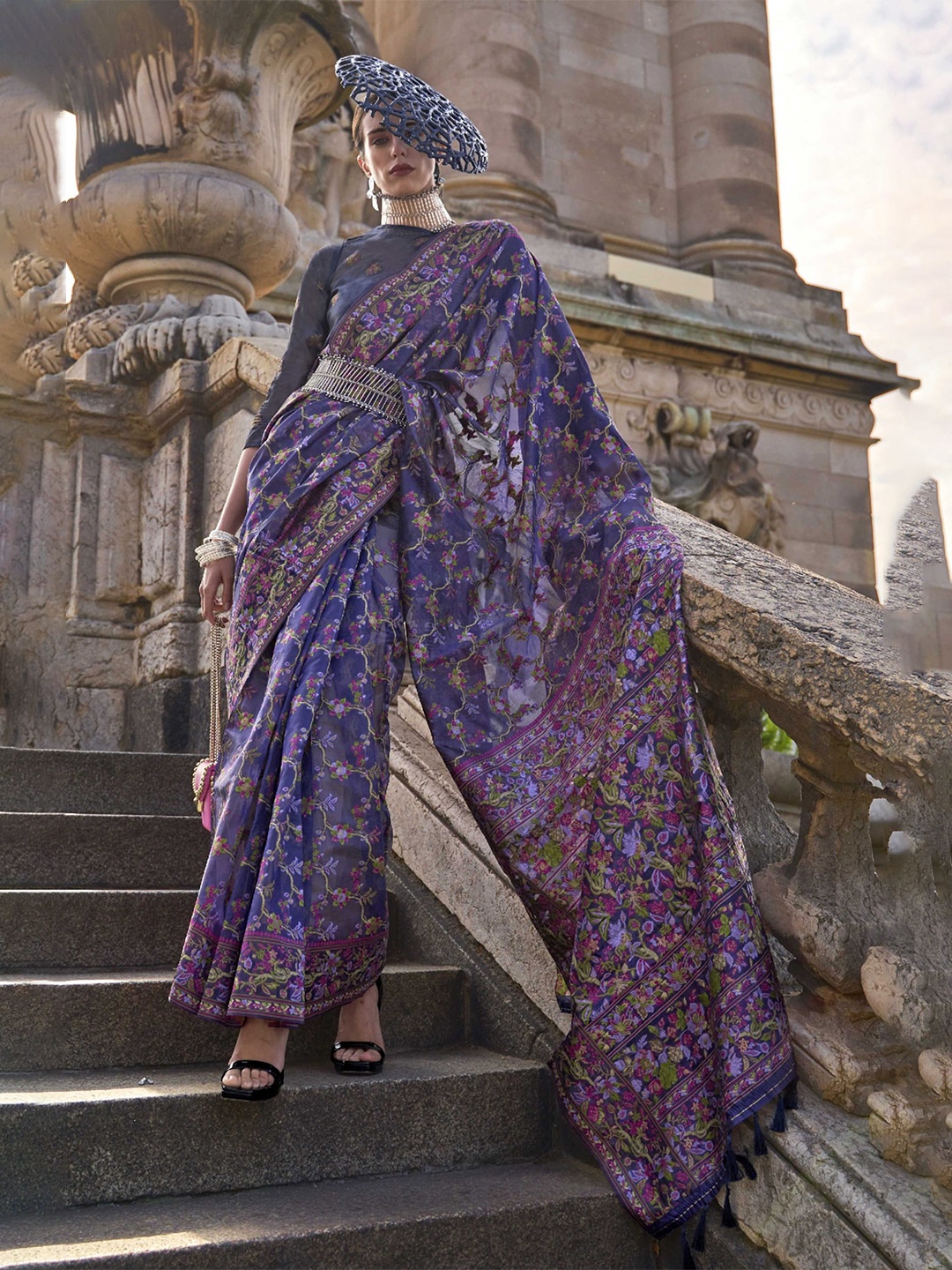

Mitera Blue & Pink Floral Woven Design Organza Banarasi Saree