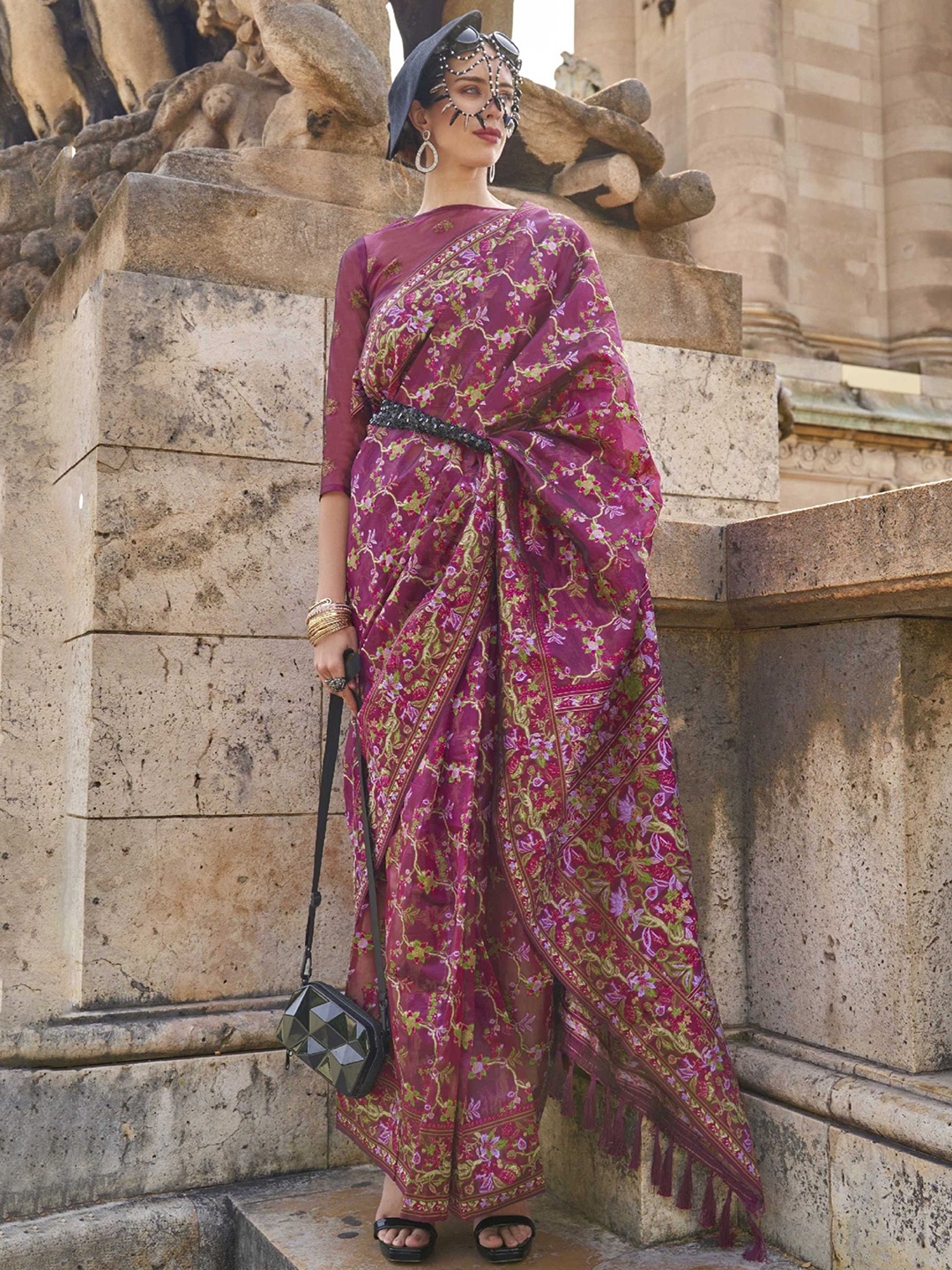 

Mitera Purple & Gold Toned Floral Woven Design Organza Banarasi Saree