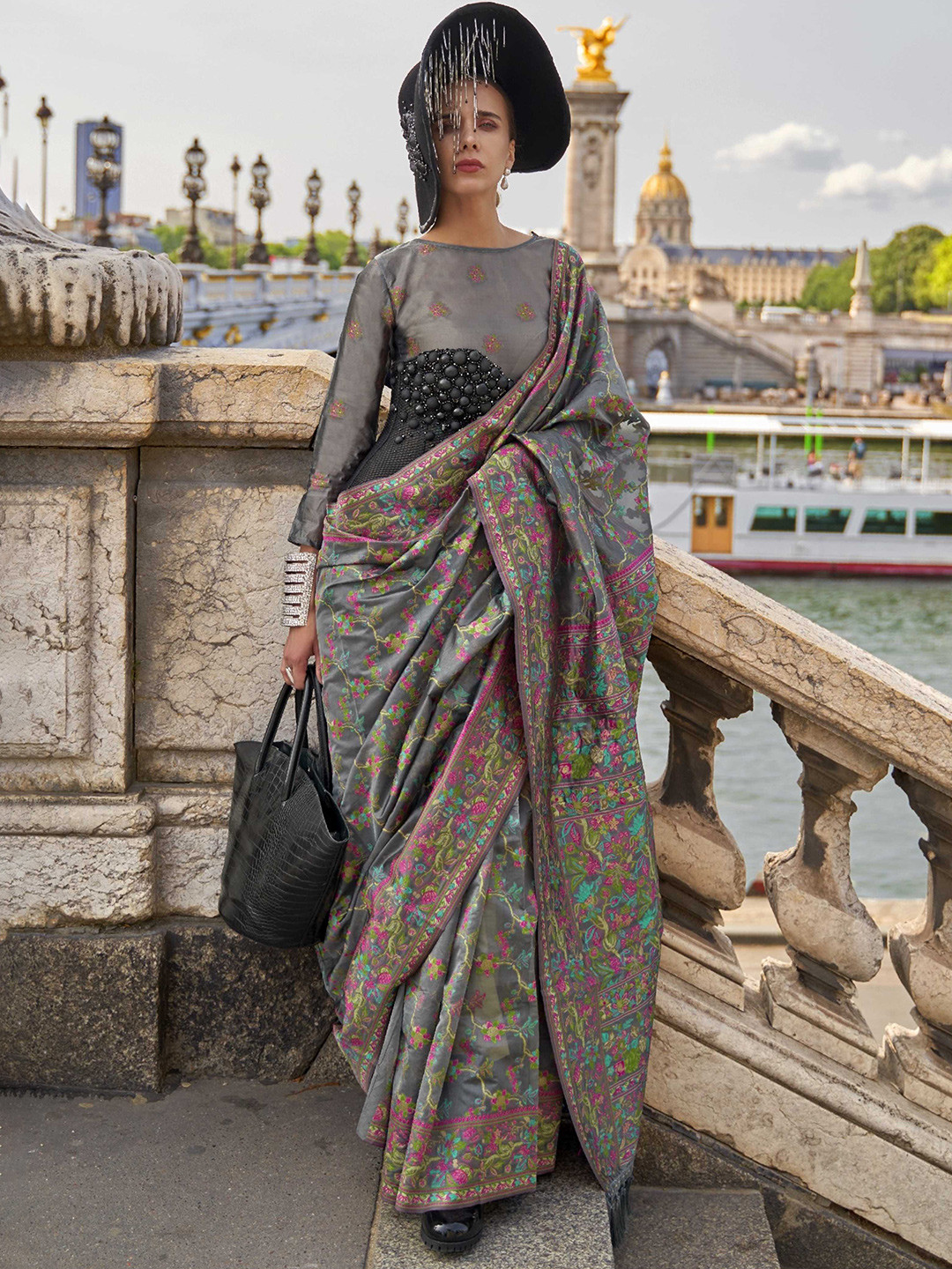 

Mitera Woven Design Zari Organza Banarasi Saree, Grey