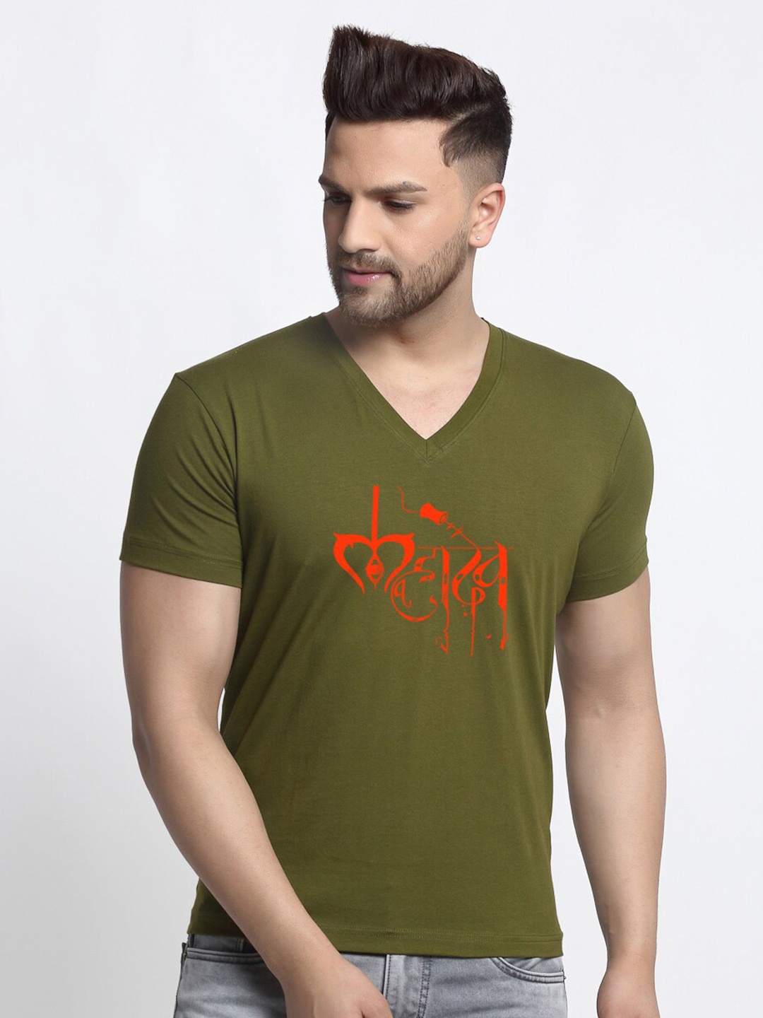 

Friskers Typography Printed V-Neck Short Sleeves Slim Fit Pure Cotton T-shirt, Olive