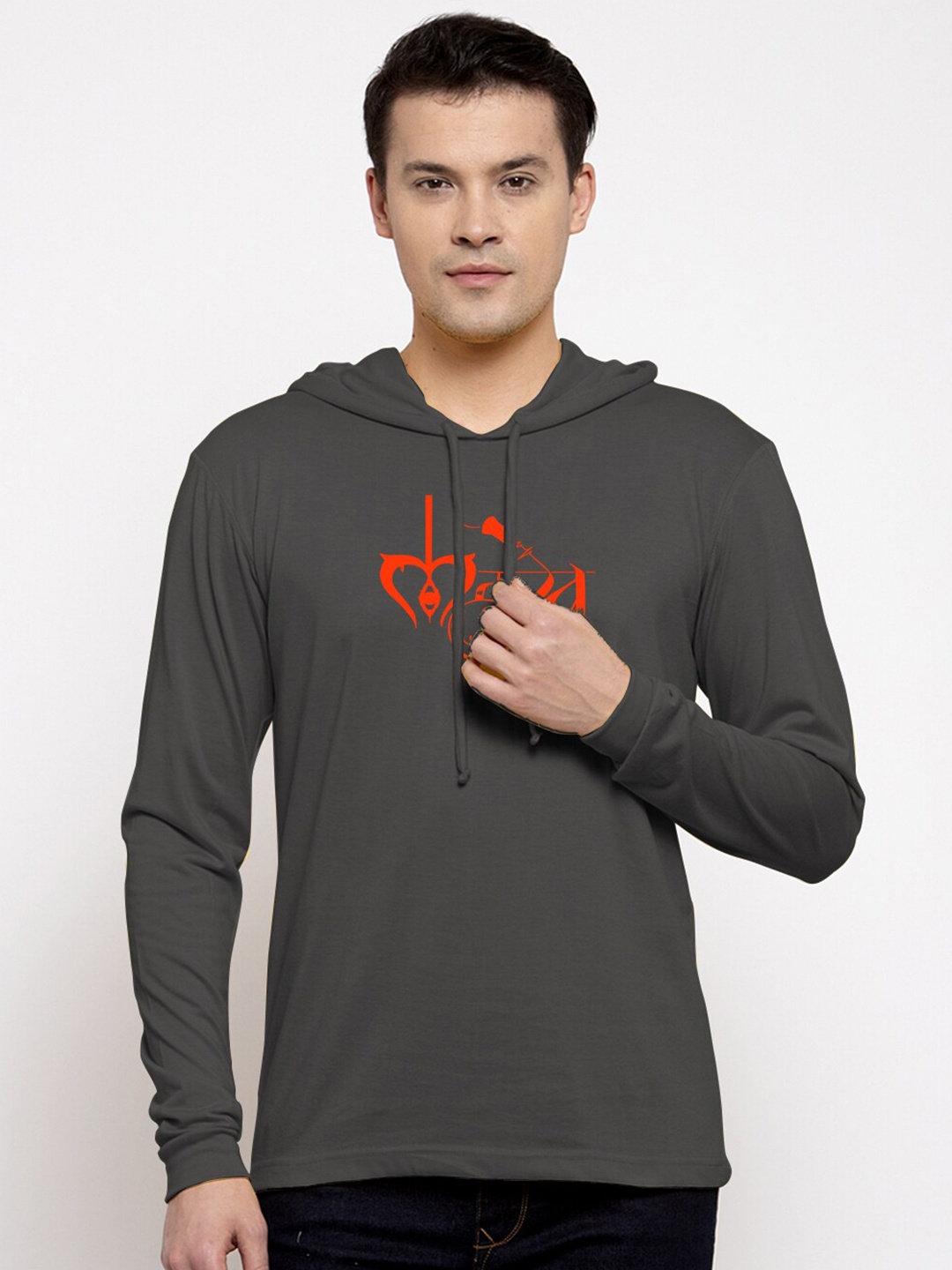 

Friskers Typography Printed Hooded Long Sleeves Slim Fit Pure Cotton T-shirt, Grey