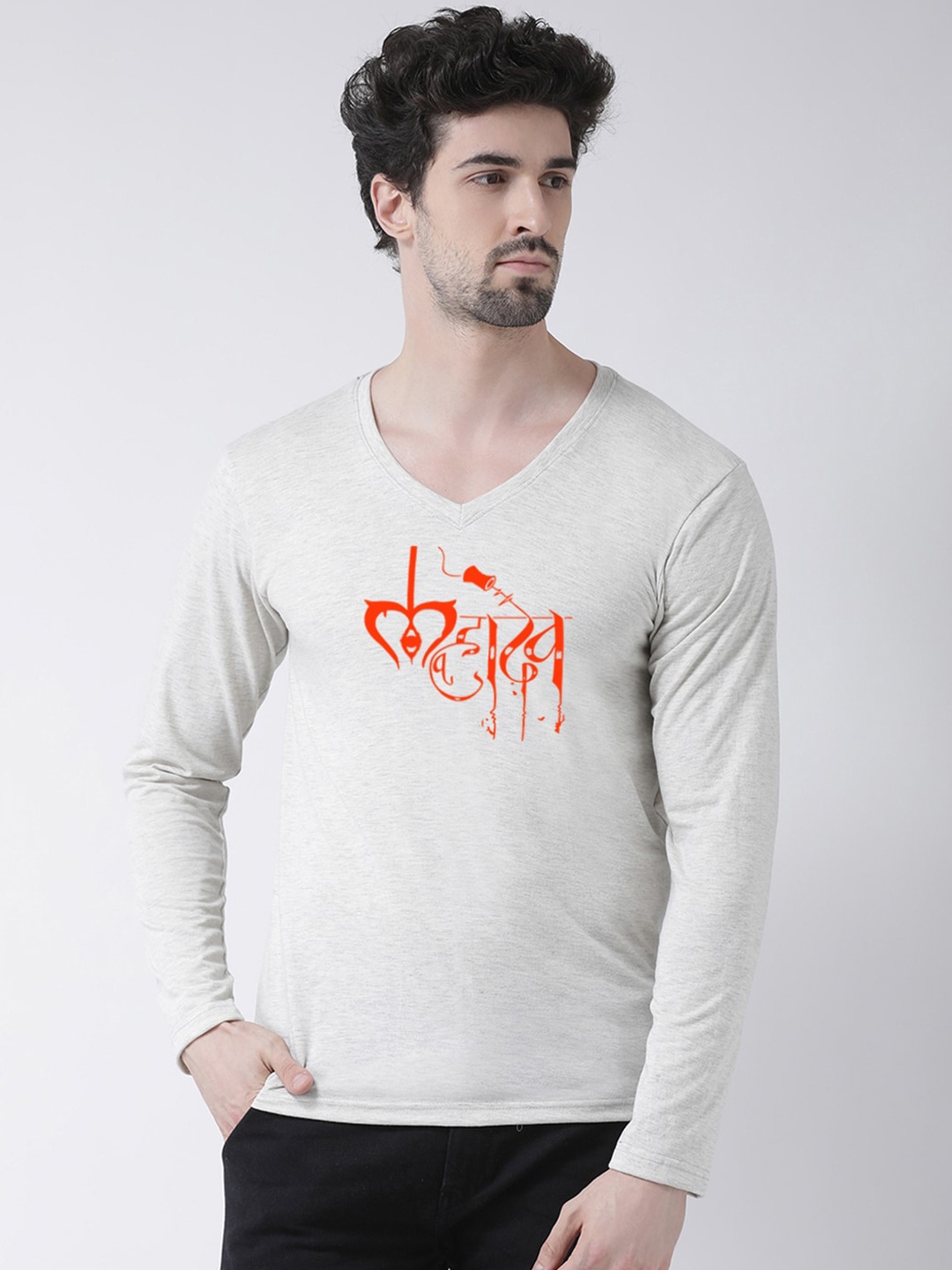 

Friskers Typography Printed V-Neck Long Sleeves Slim Fit Pure Cotton T-shirt, Grey