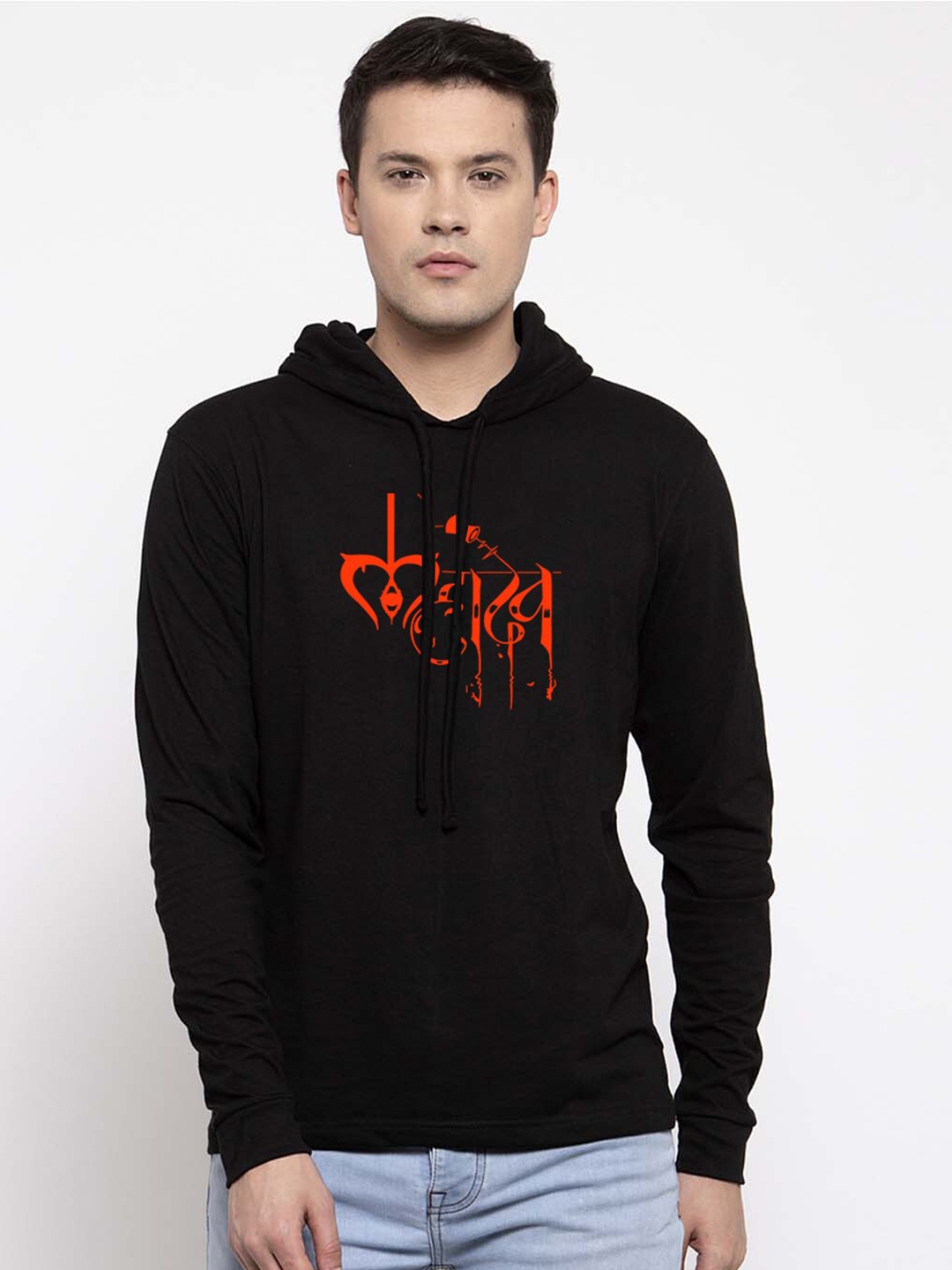 

Friskers Typography Printed Hooded Long Sleeves Slim Fit Pure Cotton T-shirt, Black