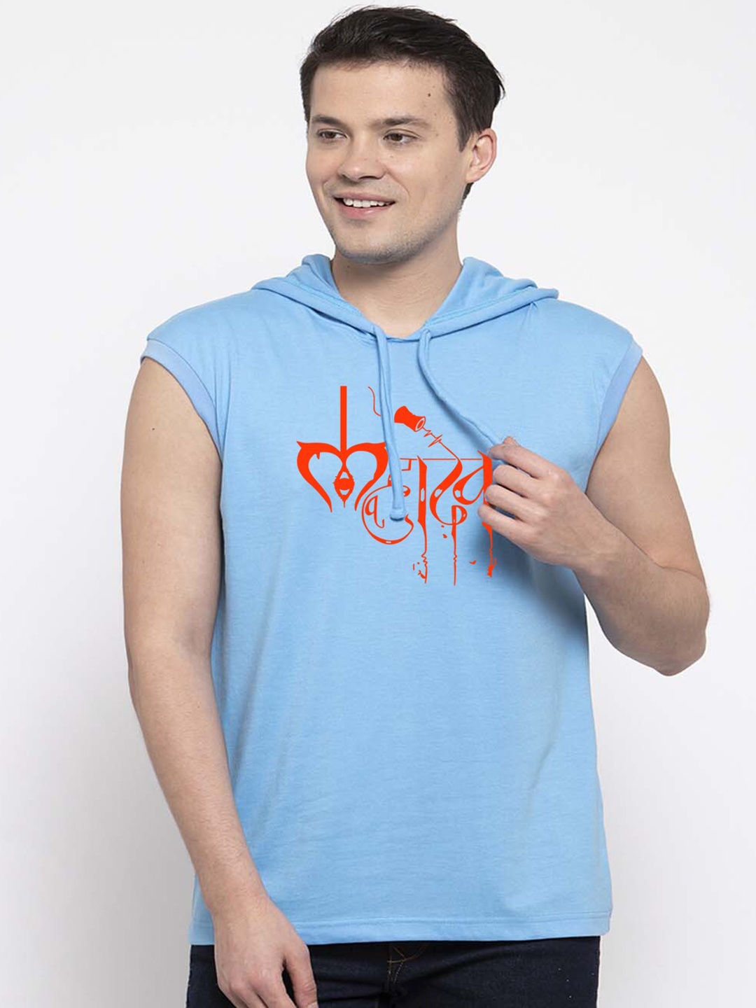 

Friskers Typography Printed Hooded Sleeveless Slim Fit Pure Cotton T-shirt, Turquoise blue