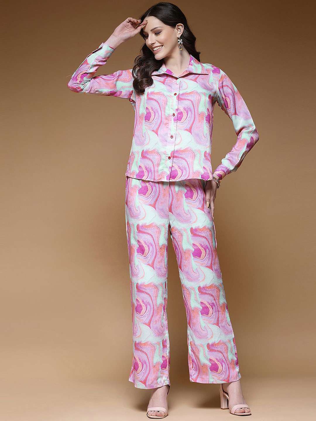 

SELVIA Abstract Printed Shirt Collar Shirt & Trouser, Pink