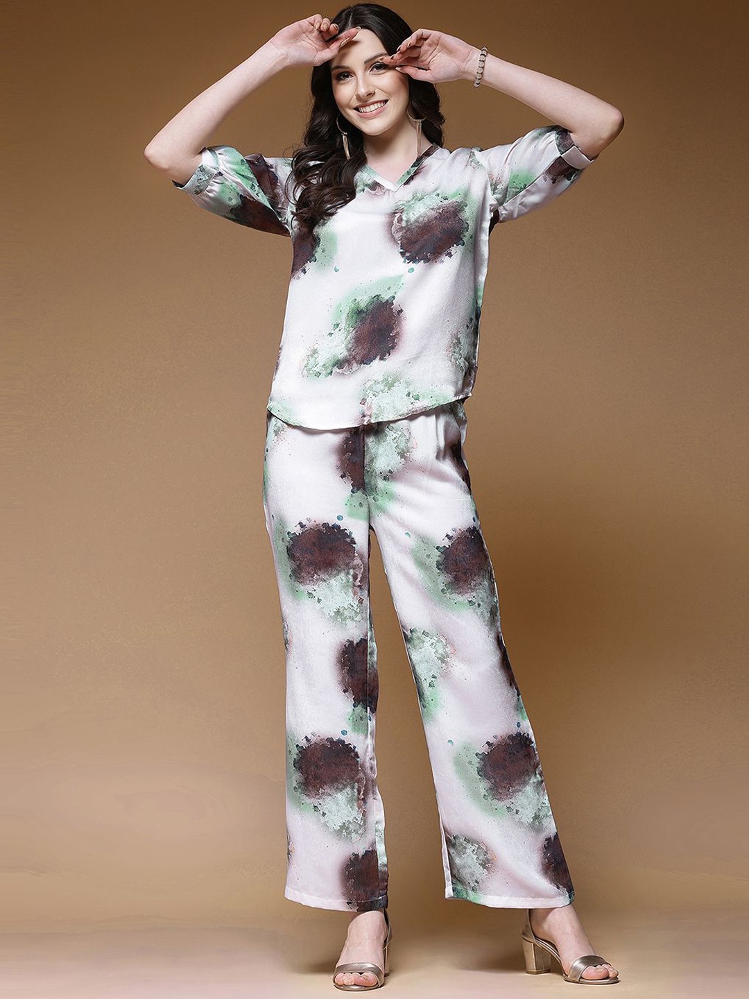 SELVIA Abstract Printed V-Neck Top & Trouser, White