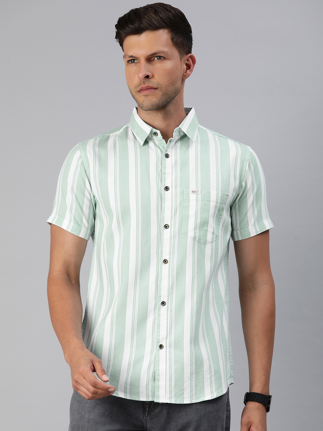 

Majestic Man Men Classic Slim Fit Opaque Striped Cotton Casual Shirt, Green
