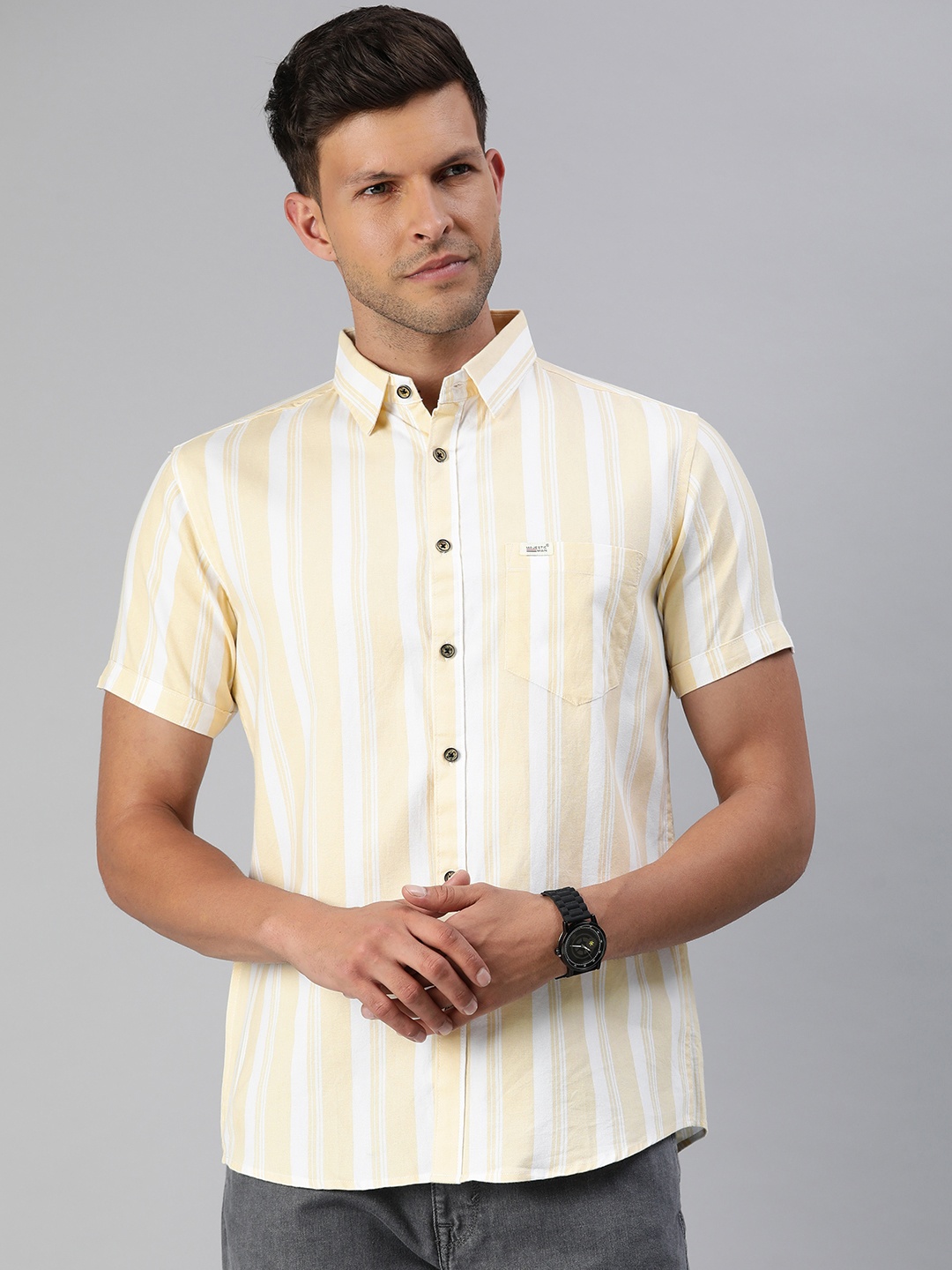 

Majestic Man Classic Slim Fit Multi Striped Opaque Pure Cotton Casual Shirt, Yellow