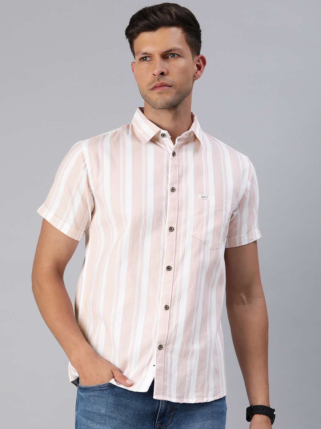 

Majestic Man Men Classic Slim Fit Opaque Striped Cotton Casual Shirt, Peach