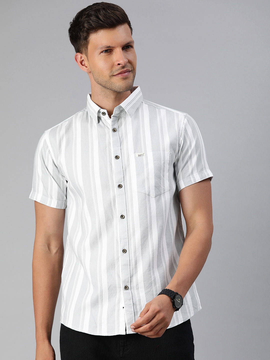 

Majestic Man Classic Slim Fit Multi Striped Opaque Pure Cotton Casual Shirt, Grey