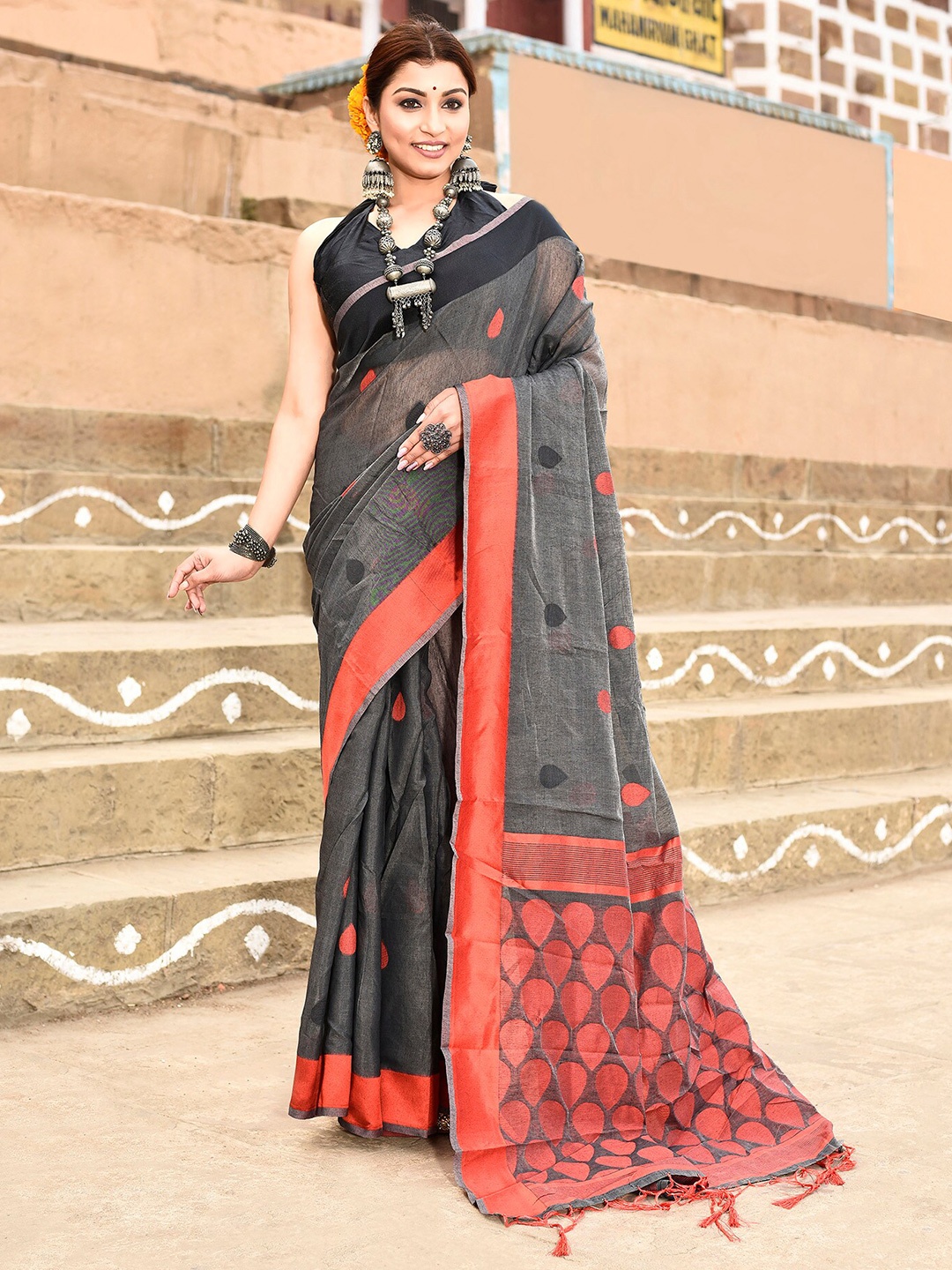 elora Woven Design Pure Cotton Bhagalpuri Saree, Grey