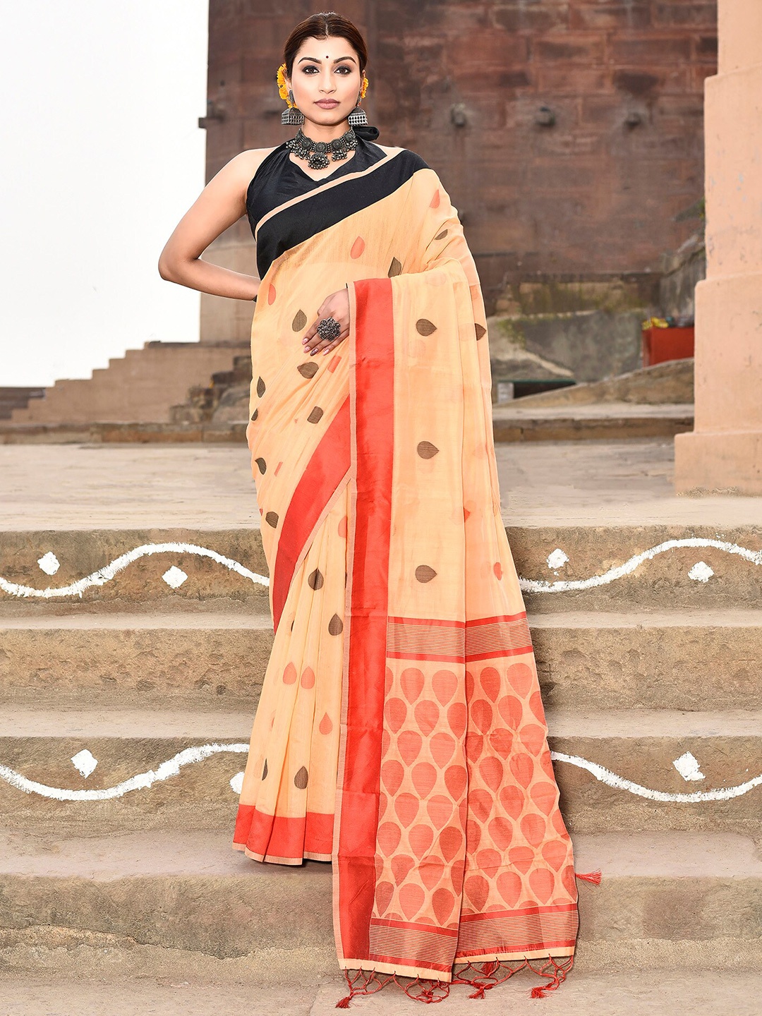 

elora Woven Design Pure Cotton Bhagalpuri Saree, Orange