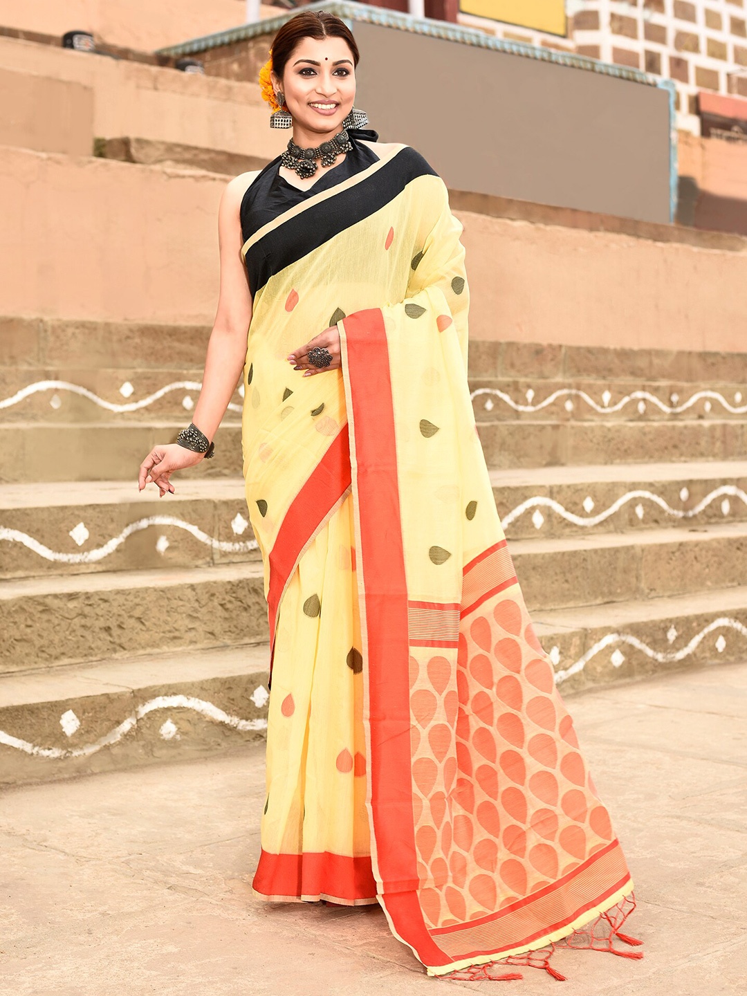 

elora Woven Design Pure Cotton Bhagalpuri Saree, Yellow