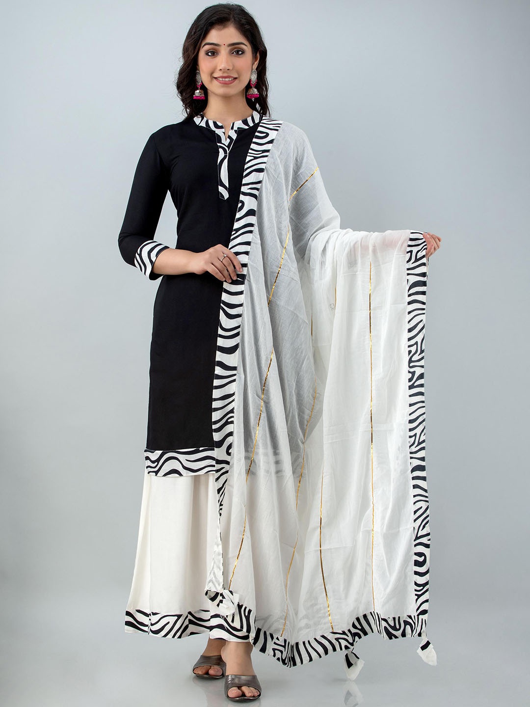 

KALINI Mandarin Collar Straight Kurta with Skirt & With Dupatta, Black