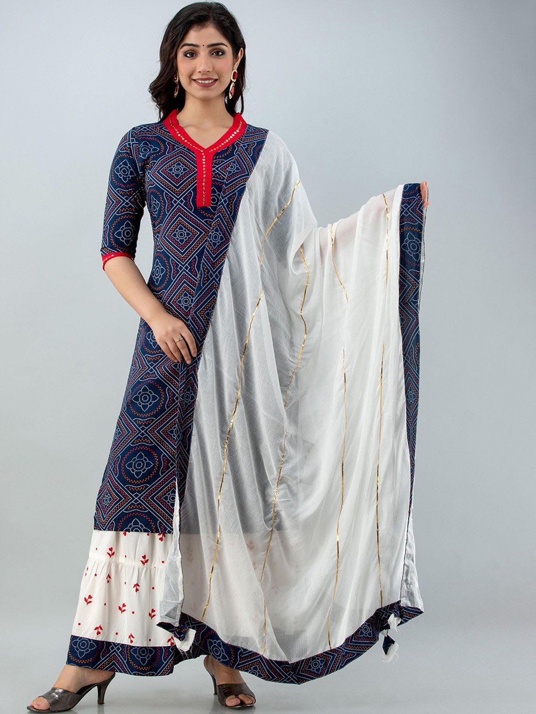 

KALINI Bandhani Printed V-Neck Sequinned Kurta with Sharara & With Dupatta, Blue