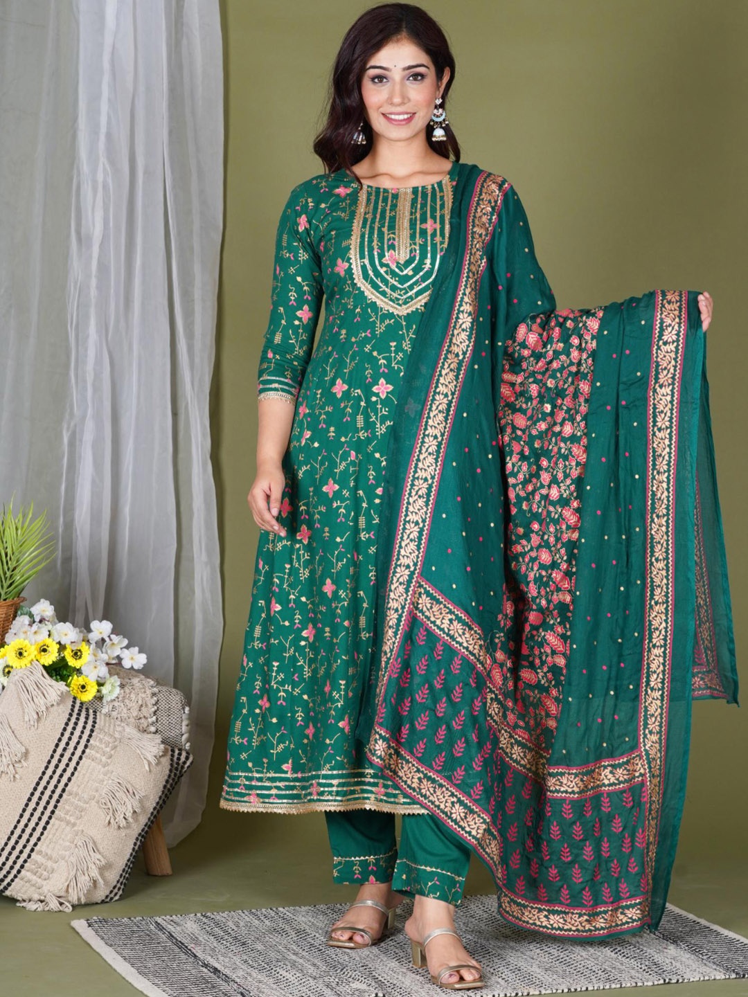 

KALINI Floral Printed Anarkali Gotta Patti Kurta with Trousers & With Dupatta, Green