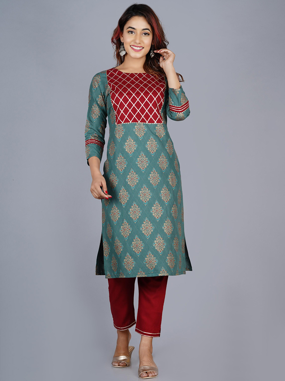 

KALINI Ethnic Motifs Printed Gotta Patti Kurta with Trousers & With Dupatta, Green