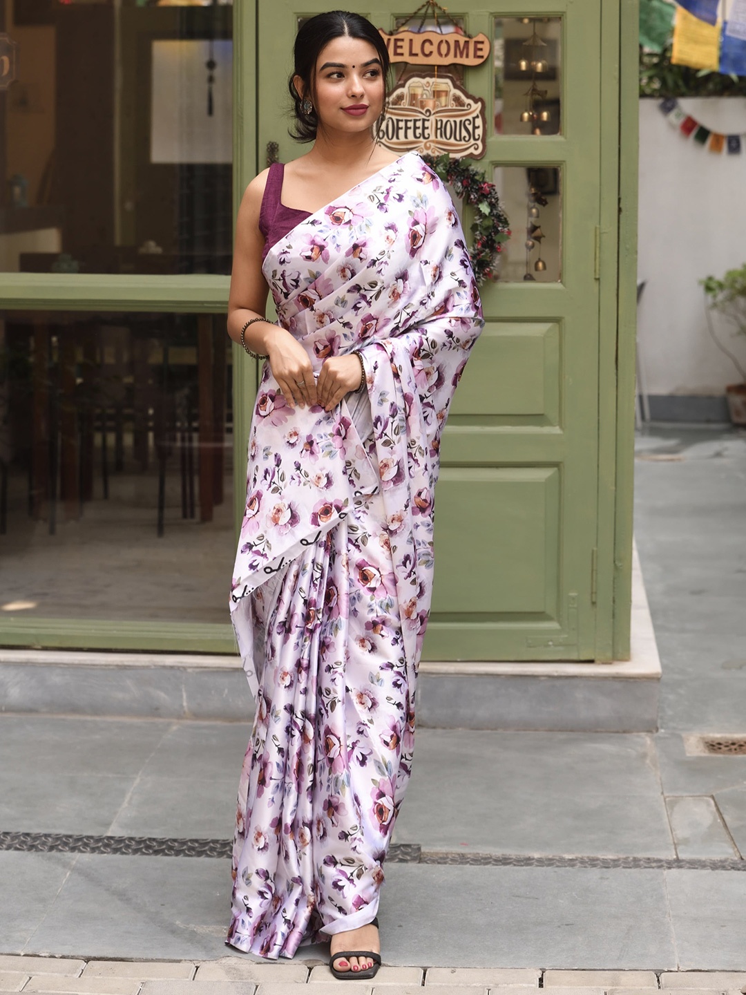 

VEECHIS Floral Printed Satin Saree, White