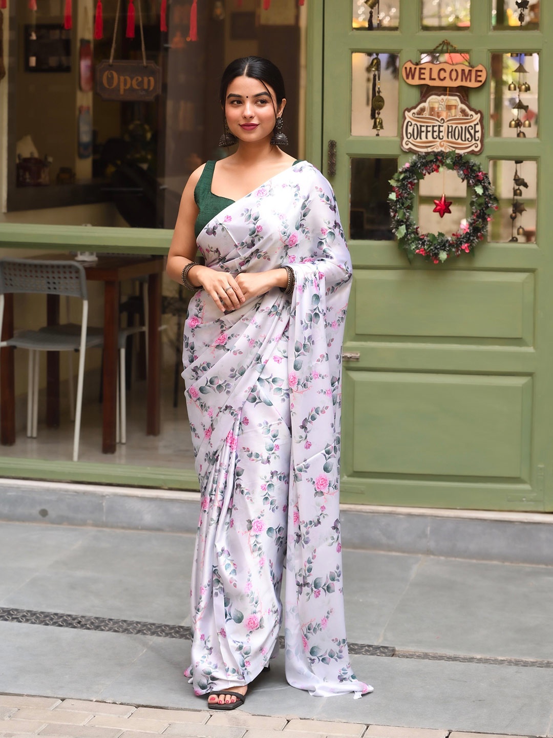 

VEECHIS Floral Satin Saree, White