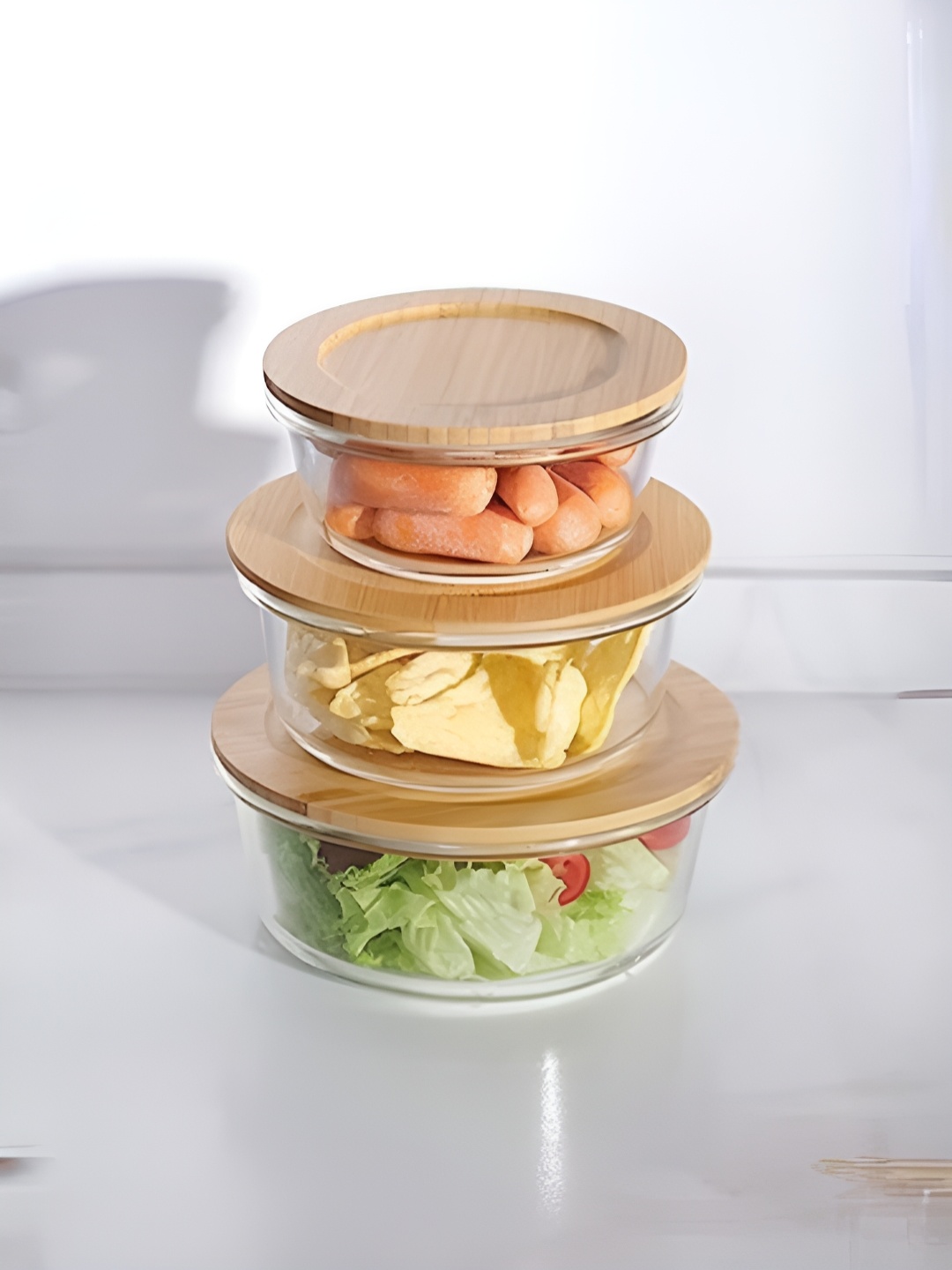 The Better Home Transparent & Brown 3 Pieces Glass Dishwasher Safe Food Container Set