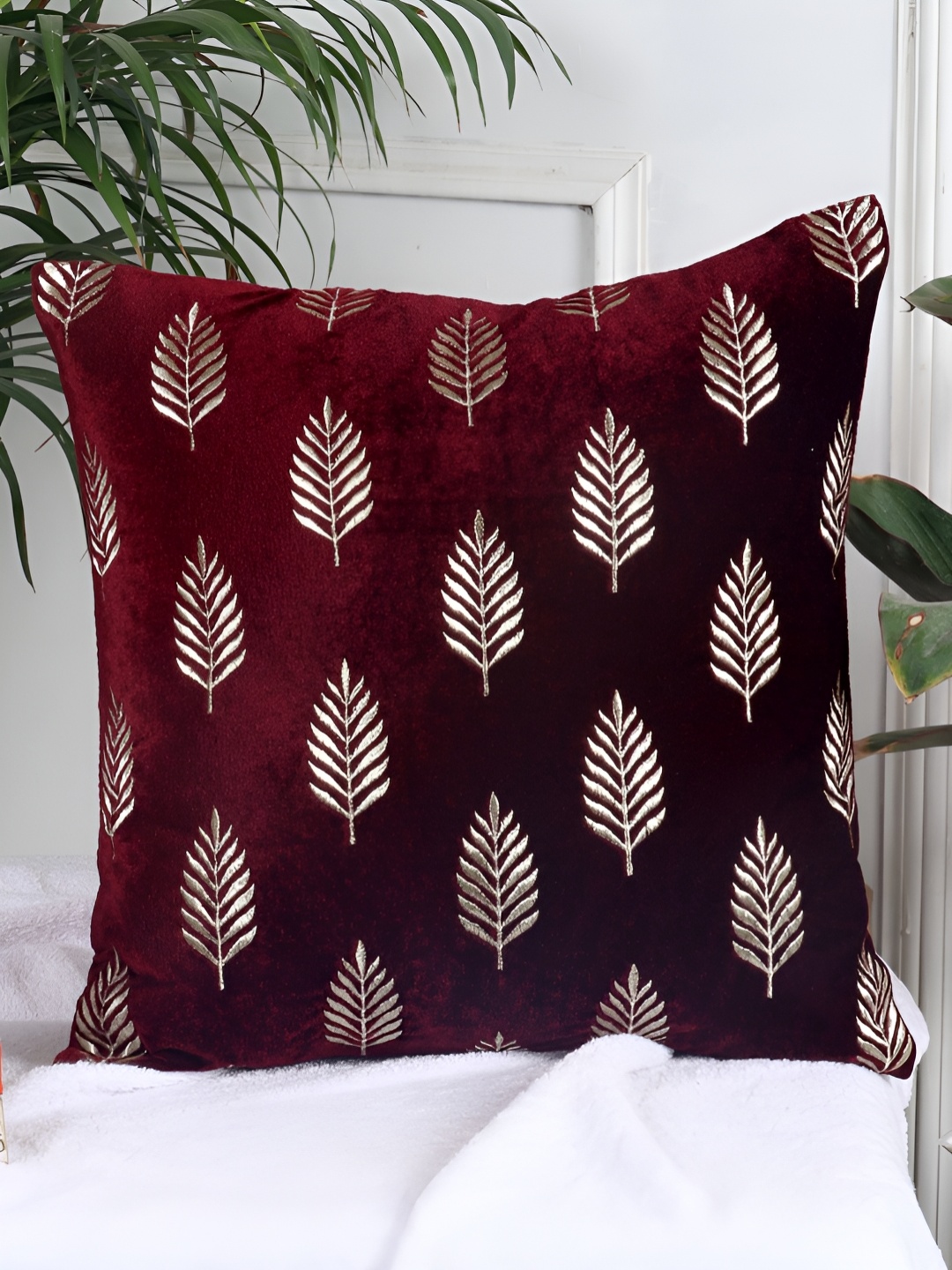 

Decoghar Wine Ethnic Embroidered 3 Pieces Square Cushion Covers, Burgundy
