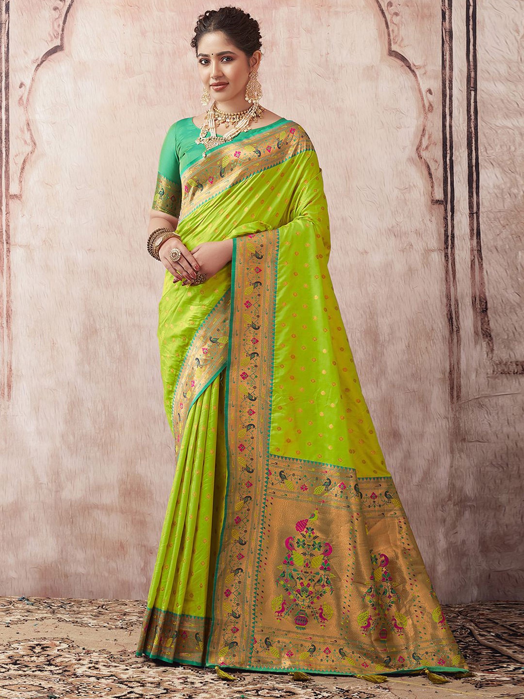 

Satrani Ethnic Motifs Woven Design Zari Paithani Saree, Lime green