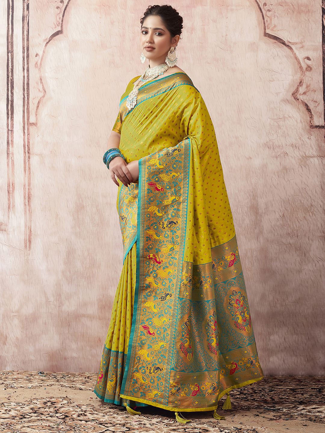 

Satrani Ethnic Motifs Woven Design Zari Paithani Saree, Lime green