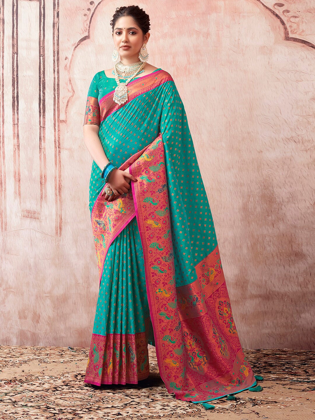 

Satrani Ethnic Motifs Woven Design Zari Paithani Saree, Teal