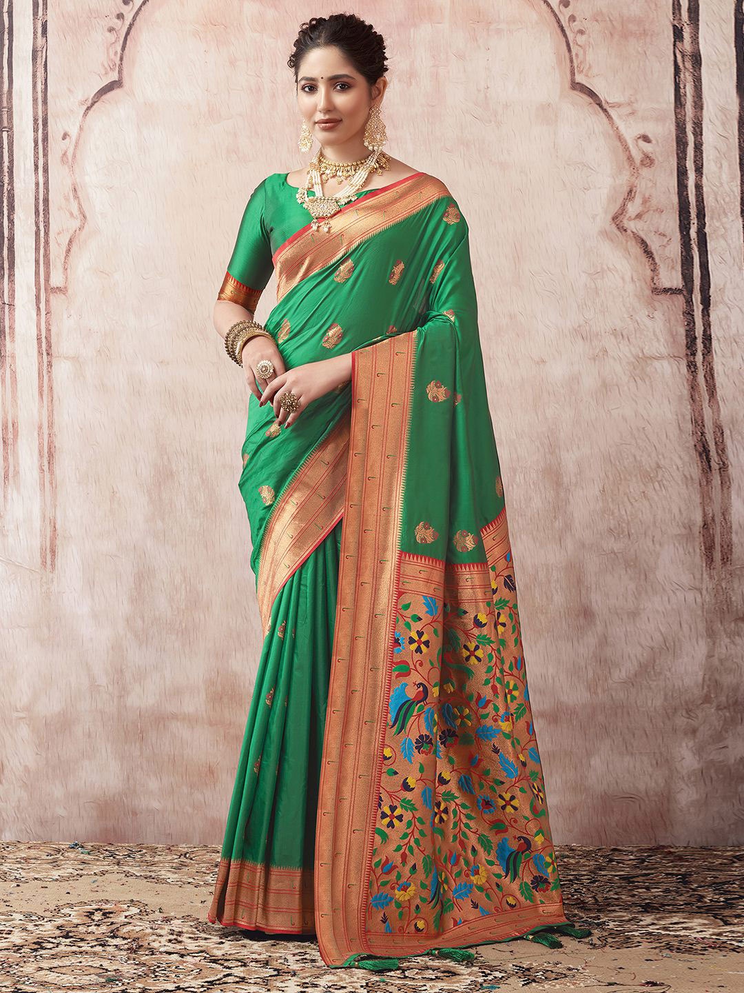 

Satrani Ethnic Motifs Woven Design Zari Paithani Saree, Green