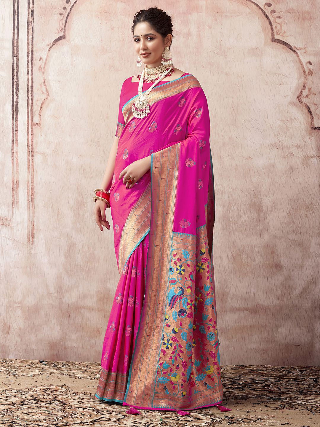 

Satrani Ethnic Motifs Woven Design Zari Paithani Saree, Pink