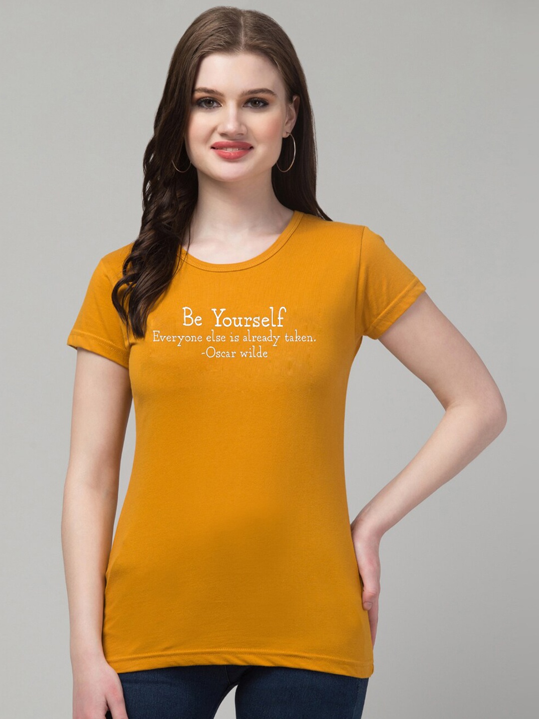 Trend Level Typography Printed Pure Cotton T-shirt, Mustard