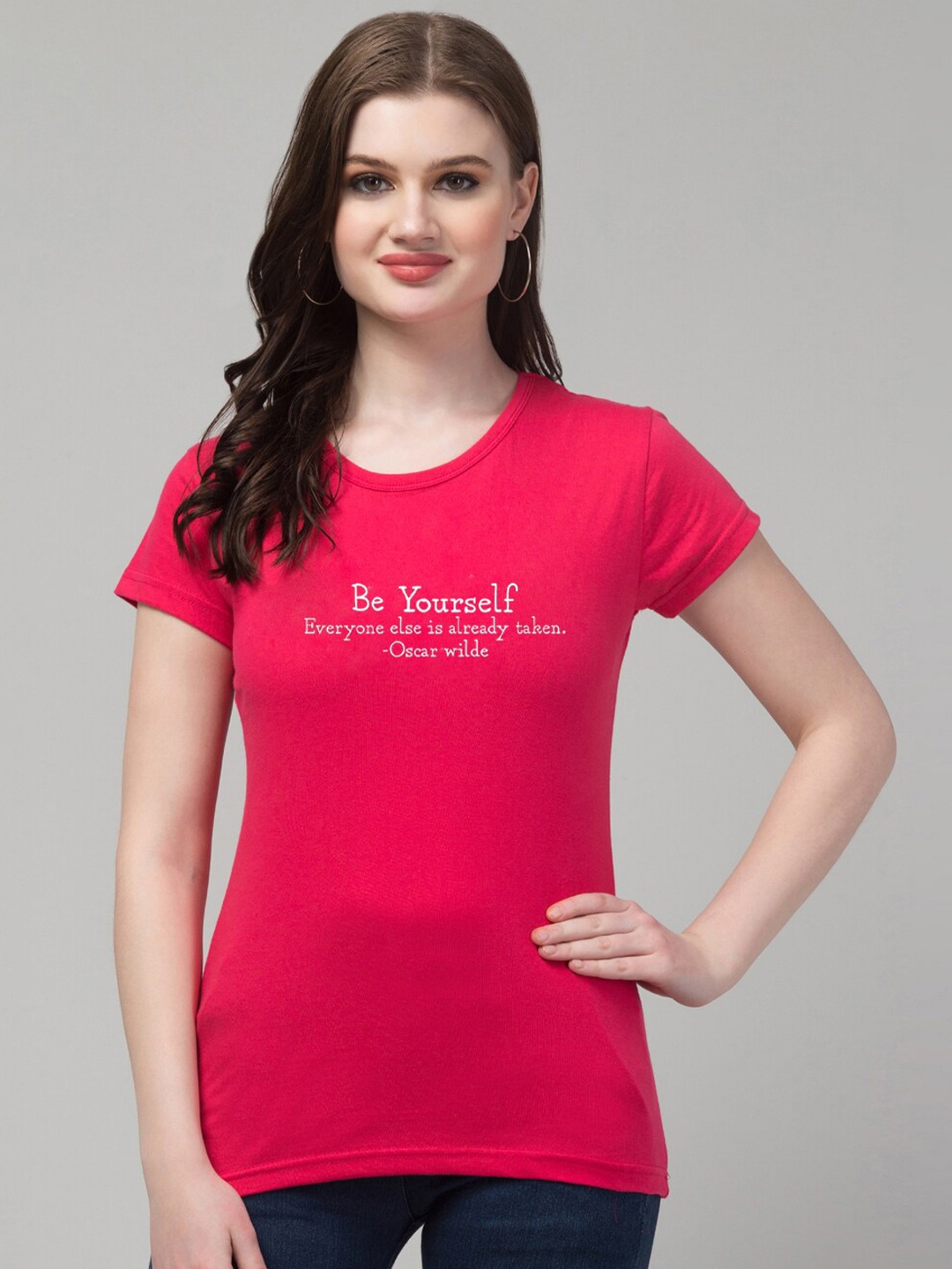 

Trend Level Typography Printed Round Neck Pure Cotton T-shirt, Pink