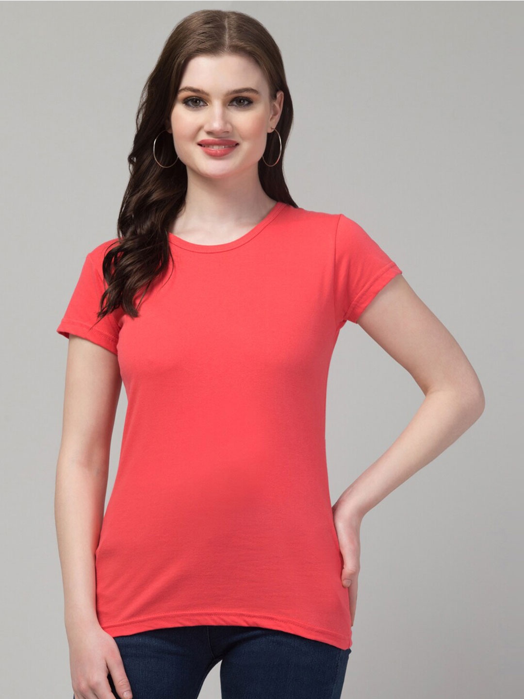 

Trend Level Round Neck Pure Cotton T-shirt, Peach