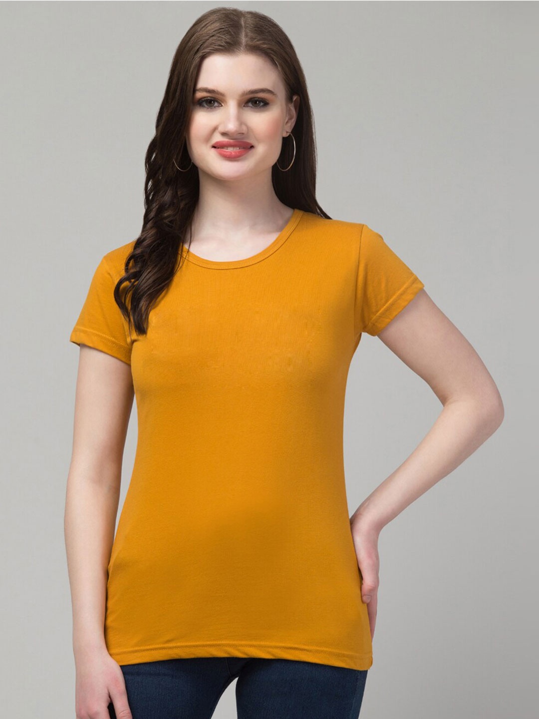 

Trend Level Round Neck Pure Cotton T-shirt, Mustard