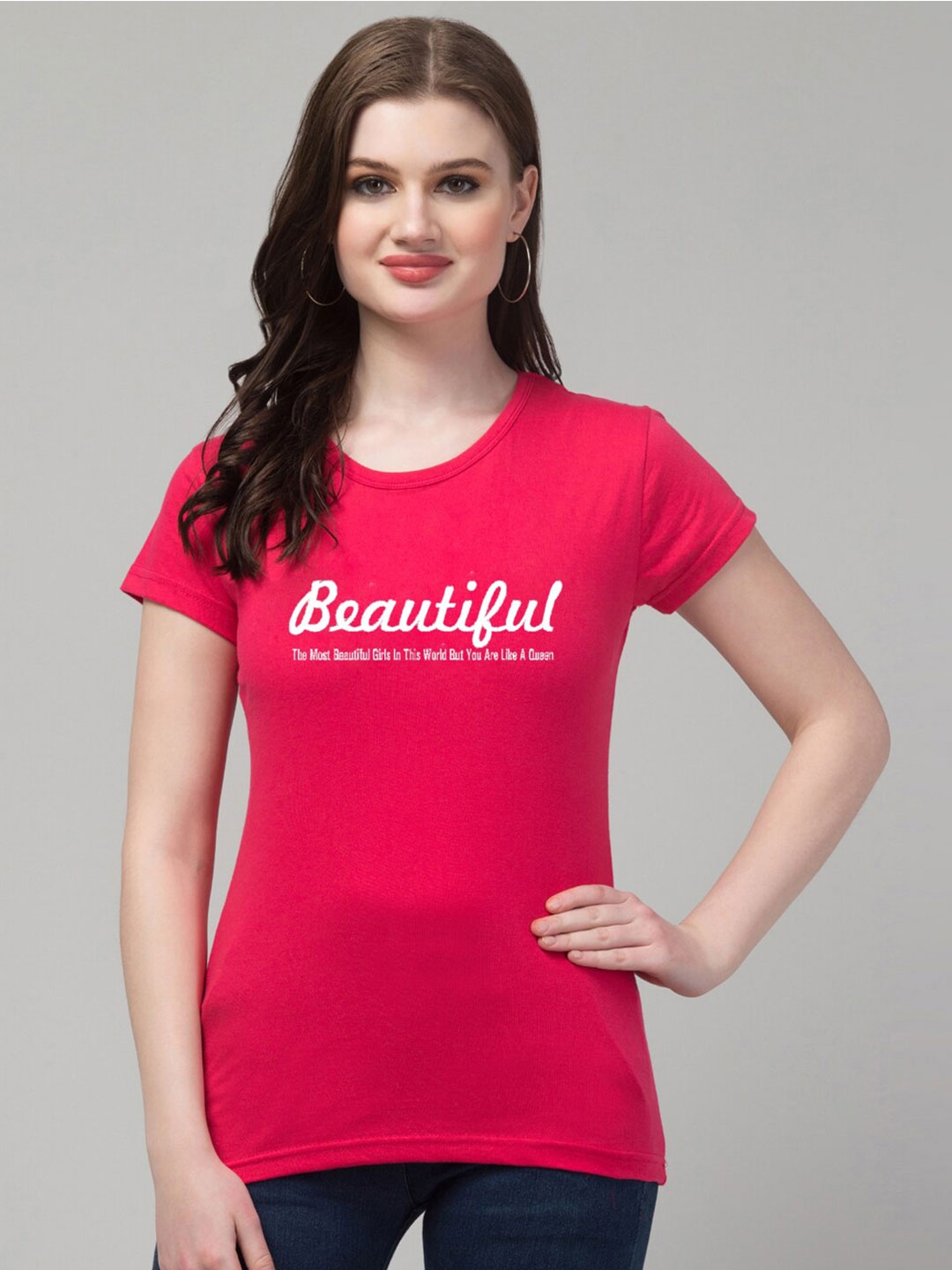 Trend Level Typography Printed Round Neck Pure Cotton T-shirt, Pink