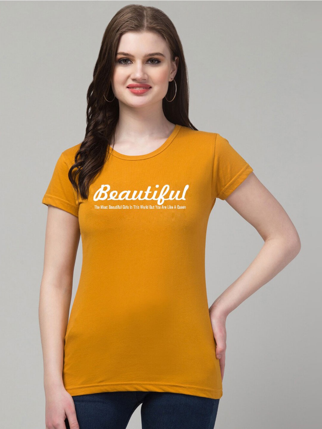 

Trend Level Typography Printed Round Neck Pure Cotton T-shirt, Mustard