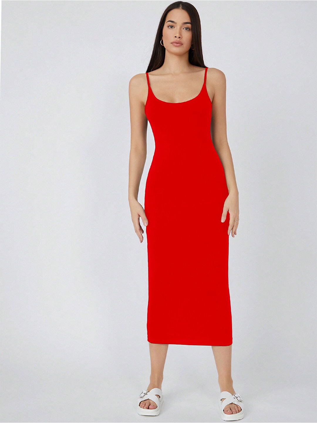 

AAHWAN Shoulder Straps Sleeveless Bodycon Midi Dress, Red