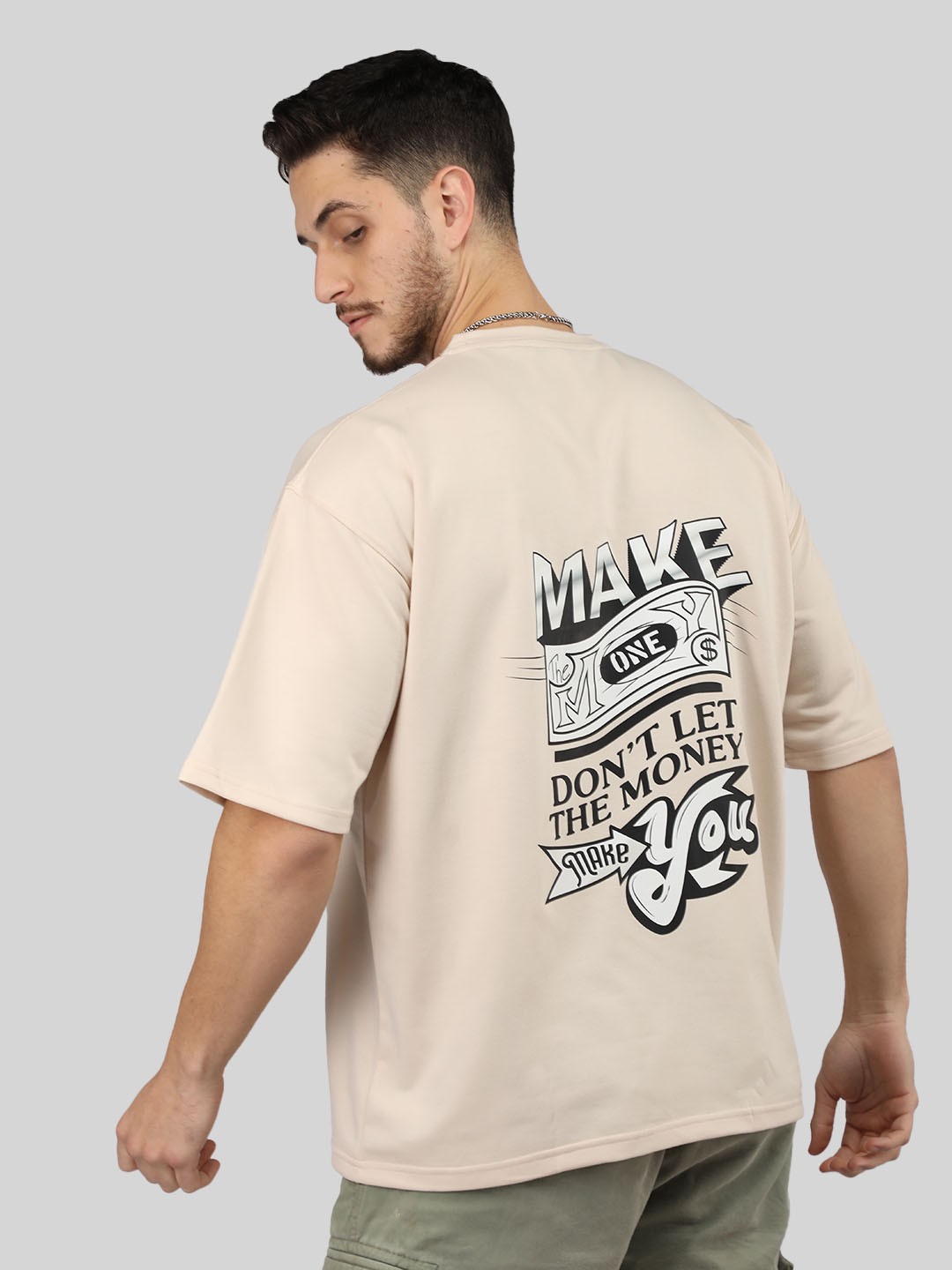 

CHKOKKO Typography Printed Cotton Short Sleeves Applique Oversized Casual T-shirt, Beige