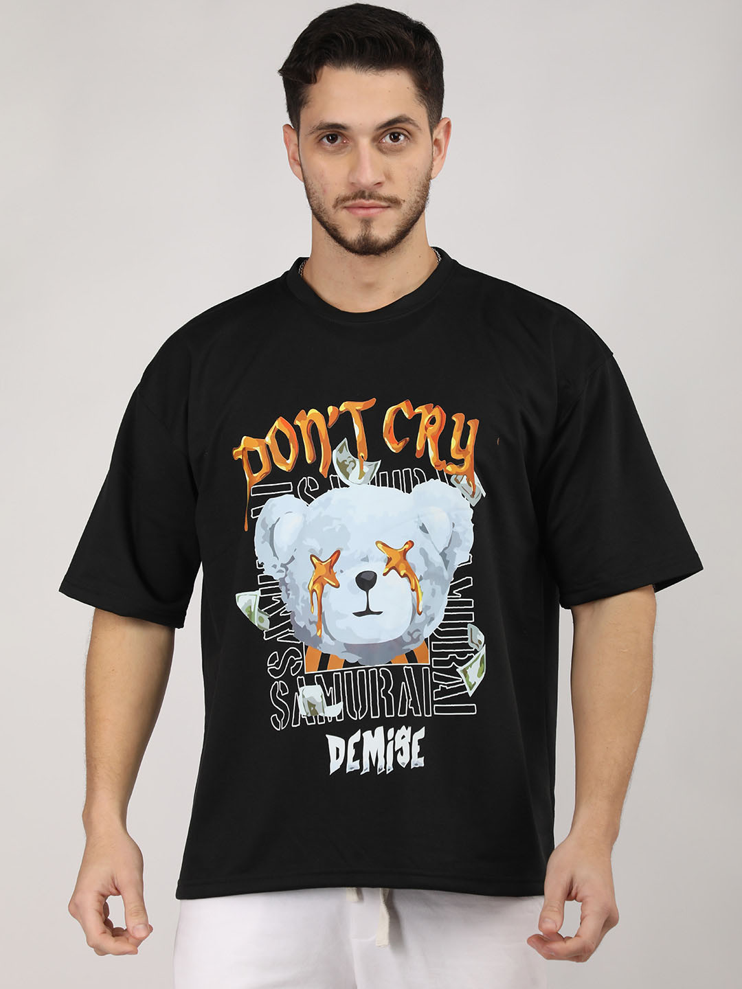 

CHKOKKO Typography Printed Cotton Short Sleeves Applique Oversized Casual T-shirt, Black